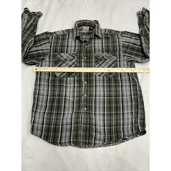 Carhartt Distressed Grunge Gray & Green Plaid Flannel Shirt Men's Size Large - Picture 6 of 9